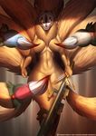  2016 anthro anthrofied big_breasts black_nose black_sclera breasts brown_background brown_fur canine convenient_censorship covering doomthewolf english_text female fox fur glowing glowing_eyes hi_res looking_at_viewer mammal mask melee_weapon multi_tail navel ninetails_(okami) nude red_fur signature simple_background sword teeth text thick_thighs video_games voluptuous weapon white_fur wide_hips yellow_eyes ōkami 