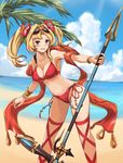  armpits bare_shoulders beach bikini blonde_hair blue_eyes breasts cleavage cloud cloudy_sky collarbone day eruthika eyewear_on_head flower granblue_fantasy hair_flower hair_ornament holding holding_weapon large_breasts leaf looking_at_viewer navel open_mouth outdoors red_bikini sand shawl side-tie_bikini sky smile solo standing stomach sunglasses swimsuit tsurime twintails water weapon zeta_(granblue_fantasy) 