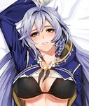  angelo_(gomahangetsu) arm_at_side arm_up black_bra blush bra braid breasts cape granblue_fantasy hair_between_eyes large_breasts looking_at_viewer midriff parted_lips shirt_lift silva_(granblue_fantasy) smile solo twin_braids underboob underwear yellow_eyes 