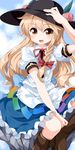  blonde_hair blue_skirt boots bow braid brown_footwear cosplay food frilled_skirt frills fruit hair_bow hat highres hinanawi_tenshi hinanawi_tenshi_(cosplay) keystone kirisame_marisa long_hair looking_at_viewer orange_eyes peach puffy_sleeves red_bow red_eyes ruu_(tksymkw) single_braid sitting skirt solo touhou 