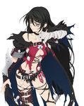  absurdres arm_guards bandaged_arm bandages belt black_choker black_hair breasts cape choker cleavage highres long_hair looking_to_the_side midriff navel official_art simple_background solo tales_of_(series) tales_of_berseria thigh_strap torn_clothes velvet_crowe white_background yellow_eyes 