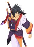  absurdres black_hair brown_eyes hair_over_one_eye highres japanese_clothes long_hair male_focus official_art rokurou_rangetsu simple_background solo sword tales_of_(series) tales_of_berseria weapon white_background 