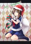  1girl bag black_serafuku blue_eyes brown_hair christmas commentary_request fingerless_gloves gloves hair_flaps hair_ornament hair_over_shoulder hat holding holding_bag kantai_collection kiuzu_(ko_kiu2) santa_hat school_uniform serafuku shigure_(kancolle) shigure_kai_ni_(kancolle) shoes sitting solo unworn_shoes 