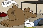  2016 aliasing anthro bear bottomless breasts brown_fur clothed clothing drunk english_text female flannel fur mammal nude plaid pussy solo text trout_(artist) trout_(character) 