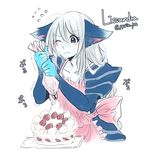  animal_ears apron blue_eyes blue_skin blush cake food food_on_face icing league_of_legends lissandra long_hair otani_(kota12ro08) solo trembling very_long_hair 