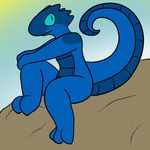  2016 aliasing anthro blue_eyes female flat_chested kobold lolori nude reptile scalie simple_background sitting smile solo trout_(artist) 