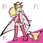  0peko 1girl blonde_hair blue_eyes cape female full_body magical_pokemon_journey marron_(pokemon) pikachu pokemon pokemon_(manga) solo 