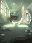  artist_name bad_id bad_pixiv_id bandage_on_face bandages barefoot broken_glass closed_eyes door glass hallway highres indoors light lm_(linmiu39) long_hair off_shoulder on_floor original pink_hair plant rubble ruins shirt shorts signature silhouette sitting solo vines white_shirt window 