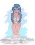  :d bikini blue_eyes blue_hair breasts cleavage commentary_request hands_on_own_knees hood hooded_jacket jacket jacket_over_swimsuit large_breasts leaning_forward legs looking_at_viewer mahou_shoujo_madoka_magica miki_sayaka momoko_(palemon) open_mouth smile solo swimsuit wading water 
