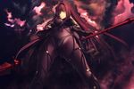  absurdres bodysuit breasts covered_navel covered_nipples fate/grand_order fate_(series) from_below gae_bolg groin highres holding holding_weapon kawanakajima lightning medium_breasts polearm purple_bodysuit purple_hair red_eyes scathach_(fate)_(all) scathach_(fate/grand_order) skin_tight solo spear weapon 