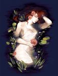  artist_name breasts brown_eyes chloe_ezra dress flower hair_flower hair_ornament highres holding holding_flower large_breasts lily_pad long_hair original partially_submerged red_hair sideboob solo white_dress 