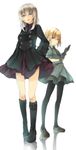  amai_nekuta arms_behind_back bangs black_dress black_footwear black_gloves black_legwear blonde_hair blue_eyes boots bow commentary dress full_body girls_und_panzer gloves green_dress highres itsumi_erika katyusha knee_boots loafers long_hair long_sleeves looking_at_viewer military military_uniform multiple_girls necktie pantyhose parted_lips petticoat pleated_dress shoes short_hair short_sleeves silver_hair socks standing uniform white_background 