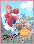  animal_ears azuemanga bag bangs blade_&amp;_soul border bow brown_hair bunny_ears bunny_tail copyright_name dress drill_hair frown lyn_(blade_&amp;_soul) mountain multiple_girls open_mouth outline outstretched_arms pink_border plant smile squirrel_ears squirrel_tail tail twin_drills twintails yellow_dress 