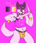  animal_print anthro bulge canine clothing collar color_swatch dog doggo dual_wielding english_text fighting_stance holding_object holding_weapon looking_at_viewer male mammal melee_weapon midriff navel restricted_palette shirt solo spiked_collar sword tank_top text thong tonio_(artist) undertale video_games weapon 