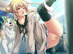  black_legwear blonde_hair blush braid collarbone dog highres long_hair open_mouth outdoor outdoors panty_pull peeing pussy red_eyes spread uncensored 