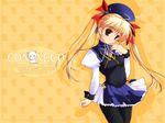  animal_print black_legwear blonde_hair blush cat cat_print character_name copyright_name hair_ribbon hat konneko long_hair long_sleeves mikeou minamino_nanami pantyhose pleated_skirt ribbon skirt smile solo twintails wallpaper yellow_background 