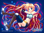  ariko_youichi bare_shoulders belt blonde_hair blue_eyes boots copyright_name cross_world hair_ribbon knee_pads looking_at_viewer midriff navel open_mouth patty_aria ribbon shorts solo strapless thighhighs tubetop twintails wallpaper 