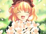  :d ^_^ blush close-up closed_eyes eyebrows_visible_through_hair flower highres medicine_melancholy open_mouth red_ribbon ribbon short_hair smile solo touhou wallpaper yuuki_tatsuya 