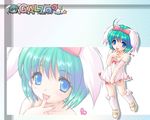  ahoge animal_ears blue_eyes blush bow child dress galzoo_island green_hair hair_bow heart kneehighs kuroda_akimi kyankyan no_bra sandals short_hair socks solo strap_slip wallpaper zoom_layer 