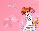  brown_hair character_name copyright_name dress long_sleeves lyrical_nanoha magic_circle magical_girl mahou_shoujo_lyrical_nanoha mahou_shoujo_lyrical_nanoha_a's okuda_yasuhiro purple_eyes raising_heart school_uniform seishou_elementary_school_uniform solo takamachi_nanoha twintails wallpaper white_dress 