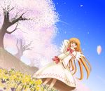  :d arm_up cherry_blossoms day dress flower hat hat_removed hat_ribbon headwear_removed lily_white long_hair long_sleeves makino_(ukiuo) open_mouth orange_eyes orange_hair petals ribbon sky smile solo touhou tree very_long_hair wallpaper wide_sleeves 