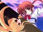  blonde_hair brown_hair fate_testarossa frapowa highres long_sleeves lyrical_nanoha magic_circle magical_girl mahou_shoujo_lyrical_nanoha multiple_girls purple_eyes red_eyes takamachi_nanoha twintails wallpaper 