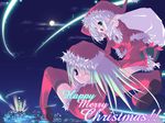  blue_eyes christmas green_eyes multiple_girls original santa_costume senmu thighhighs wallpaper white_hair 