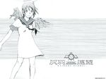  abe_yoshitoshi angel angel_wings artist_name dress greyscale haibane_renmei hole monochrome neckerchief rakka short_hair simple_background smile solo standing torn_clothes wallpaper white_background wings 