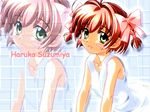  :d artist_request bare_shoulders blush_stickers bow checkered checkered_background collarbone dress green_eyes hair_bow kimi_ga_nozomu_eien looking_at_viewer open_mouth pink_bow pink_hair sleeveless sleeveless_dress smile solo sundress suzumiya_haruka wallpaper white_dress 