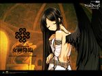  angel_wings backless_outfit bare_shoulders black_hair black_wings closed_eyes goddess highres long_hair mabinogi morrighan solo wallpaper wings 