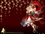  2006 artist_request asa_no_ha_(pattern) blonde_hair drill_hair embellished_costume fang green_eyes highres japanese_clothes kimono lace new_year oriental_umbrella original solo umbrella wallpaper 