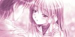  1girl blush clannad fujibayashi_kyou goto_p highres hikarizaka_private_high_school_uniform long_hair monochrome okazaki_tomoya purple ribbon school_uniform 