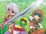  .hack//tasogare_no_udewa_densetsu 1boy 1girl artist_request kite_(.hack//) kunisaki_rena long_sleeves pantyhose sword third-party_edit third-party_watermark wallpaper weapon 