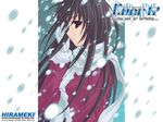  adjusting_hair black_eyes black_hair coat engrish ever_17 fur_trim gloves komachi_tsugumi long_hair long_sleeves official_art outdoors profile ranguage scarf smile snowing solo takigawa_yuu very_long_hair wallpaper white_gloves white_scarf wind 