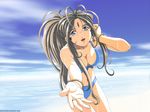 90s aa_megami-sama artist_request belldandy bikini blue_eyes bracelet breasts brown_hair cleavage cloud day facial_mark forehead_mark jewelry large_breasts long_hair ocean outdoors ring sky solo swimsuit third-party_edit third-party_watermark wallpaper water watermark wet 