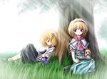  against_tree alice_margatroid aozora_market blonde_hair book day grass kirisame_marisa multiple_girls outdoors reading shanghai_doll sitting sleeping touhou tree under_tree wallpaper 