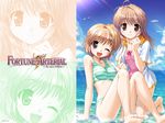  barefoot bekkankou bikini blonde_hair brown_eyes brown_hair day feet fortune_arterial multiple_girls ocean one_eye_closed siblings smile soles striped striped_bikini swimsuit twins water yuuki_haruna yuuki_kanade 