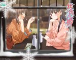  alcohol ayukawa_sanae black_hair blush brown_hair closed_eyes drunk from_outside japanese_clothes kimono long_sleeves multiple_girls peko ponytail red_eyes sake smile snow snowflakes snowing touji_no_sato wallpaper window yamabuki_chisato 