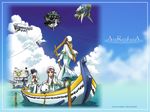  aika_granzchesta aircraft alicia_florence amano_kozue aria blue_legwear cloud day dress floating_castle gondola house mizunashi_akari multiple_girls pantyhose pier pole purple_legwear sitting sky standing wallpaper water 