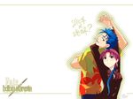  1girl back-to-back bazett_fraga_mcremitz blue_hair blush cigarette couple earrings fate/hollow_ataraxia fate/stay_night fate_(series) formal hawaiian_shirt hetero holding_hands interlocked_fingers jewelry lancer long_hair long_sleeves mole mole_under_eye ponytail red_hair shirt suit task_owner wallpaper 