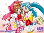  antenna_hair blue_hair brown_hair cardcaptor_sakura crossover fuuin_no_tsue gambler_club green_eyes hat highres kawai_sasami kinomoto_sakura magical_girl mahou_shoujo_pretty_sammy masaki_sasami_jurai multiple_girls pink_eyes pink_hat twintails wallpaper 