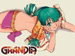  90s back bangs blunt_bangs butt_crack chin_rest copyright_name feena_(grandia) grandia grandia_i green_eyes green_hair hair_ornament hair_tubes hontani_toshiaki jewelry logo long_hair looking_at_viewer looking_up low-tied_long_hair lying miniskirt necklace official_art on_stomach one_eye_closed skirt smile solo wallpaper wide_sleeves 