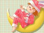  animal_ears animal_hat barefoot blush_stickers bunny_ears bunny_hat closed_eyes copyright_request dango eating food hat iuro long_sleeves moon pajamas plaid plaid_background solo wagashi wallpaper 