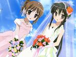  alastor_(shakugan_no_shana) black_hair bride dress duplicate highres jewelry multiple_girls ootsuka_mai pendant pink_wedding_dress shakugan_no_shana shana third-party_edit wallpaper wedding_dress yoshida_kazumi 