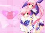  artist_request dress hair_ribbon kousaka_alice kousaka_maria leaning_forward long_hair multiple_girls pink_hair ribbon school_uniform short_hair siblings sisters suigetsu twins very_long_hair wallpaper waving yellow_eyes 