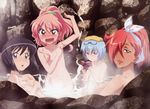  absurdres angry black_hair blue_hair blush breasts detexted fujii_masahiro glasses hair_over_one_eye highres kirche_augusta_frederica_von_anhalt_zerbst louise_francoise_le_blanc_de_la_valliere medium_breasts multiple_girls nude onsen purple_hair red_hair short_hair siesta small_breasts steam sweat tabitha third-party_edit water wet zero_no_tsukaima 