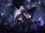  cityscape dress feathers frills gothic gothic_lolita hairband kishida_mel landmark lolita_fashion long_hair long_sleeves moon night photo_background pink_eyes rozen_maiden silver_hair solo suigintou thighhighs twin_towers wallpaper wings 