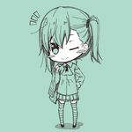  :&gt; alternate_hairstyle ascot bangs blush_stickers chibi closed_mouth green green_background hand_on_hip holding holding_jacket jacket jacket_over_shoulder jacket_removed kantai_collection kouji_(campus_life) long_sleeves monochrome one_eye_closed pleated_skirt ponytail shirt side_ponytail sketch skirt solo suzuya_(kantai_collection) thighhighs untucked_shirt 