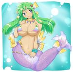  big_breasts bikini blue_eyes blush breasts cleavage clothed clothing female fin green_hair hair marine merfolk open_mouth pose scales skimpy solo swimsuit wedge_(artist) 