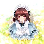  apron brown_hair dress final_fantasy final_fantasy_xiv flower lalafell long_hair looking_at_viewer maid pointy_ears red_eyes sitting smile solo yume_derika 